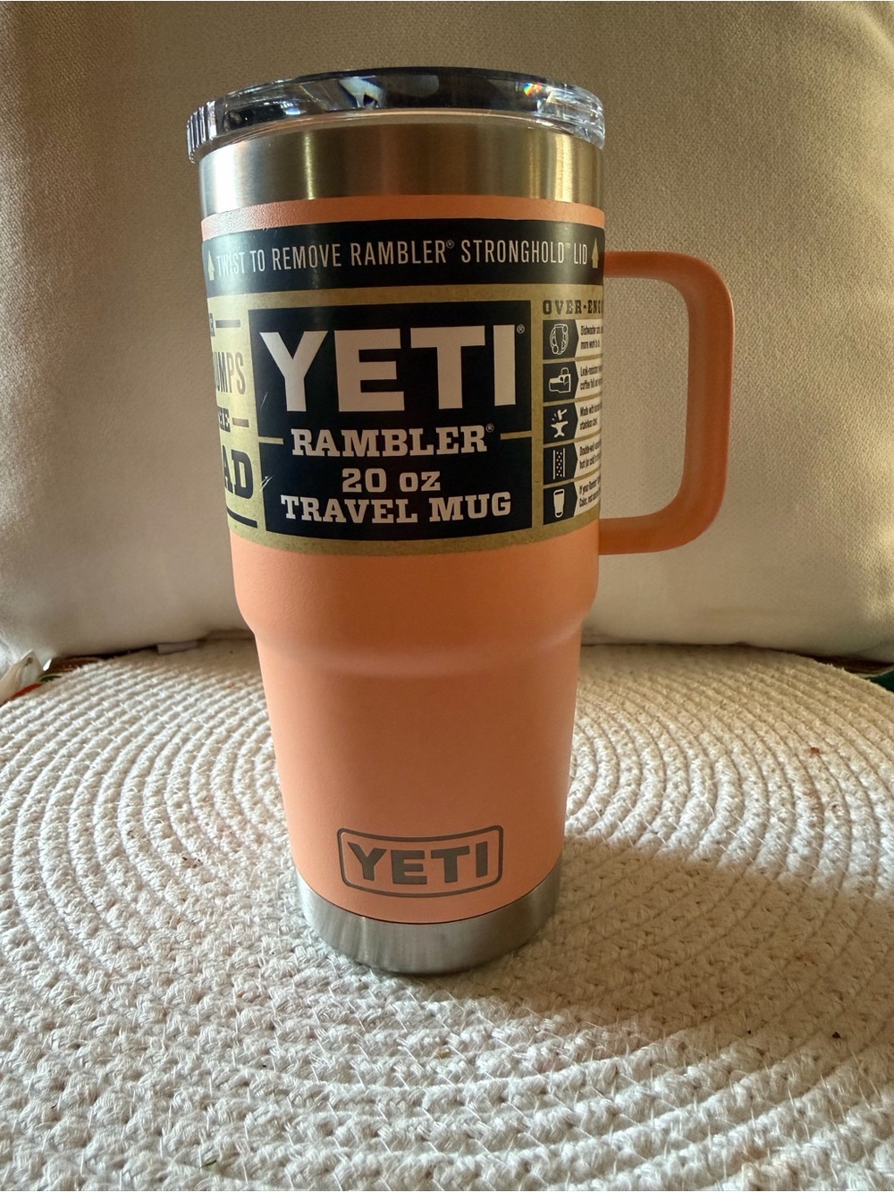 Yeti Rambler Travel Mug in Peach with Clear Lid  20oz.
